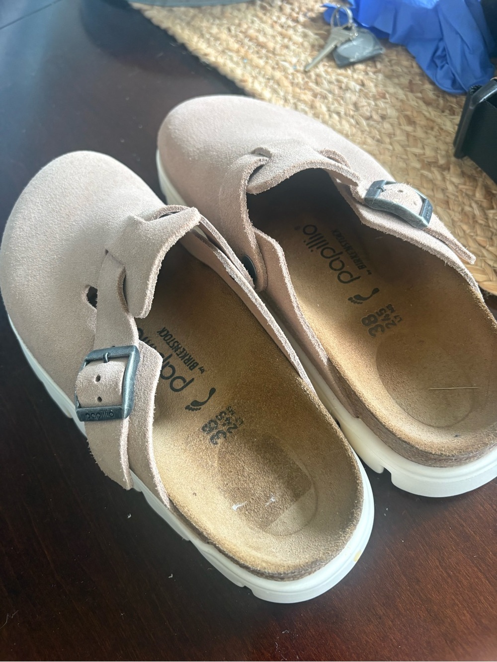 Birkenstock Beige Suede Slip-On Clog with White Lug Sole - Picture 3 of 5